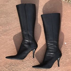 Black Pointed Toe Leather Boots 3 1/2” heel